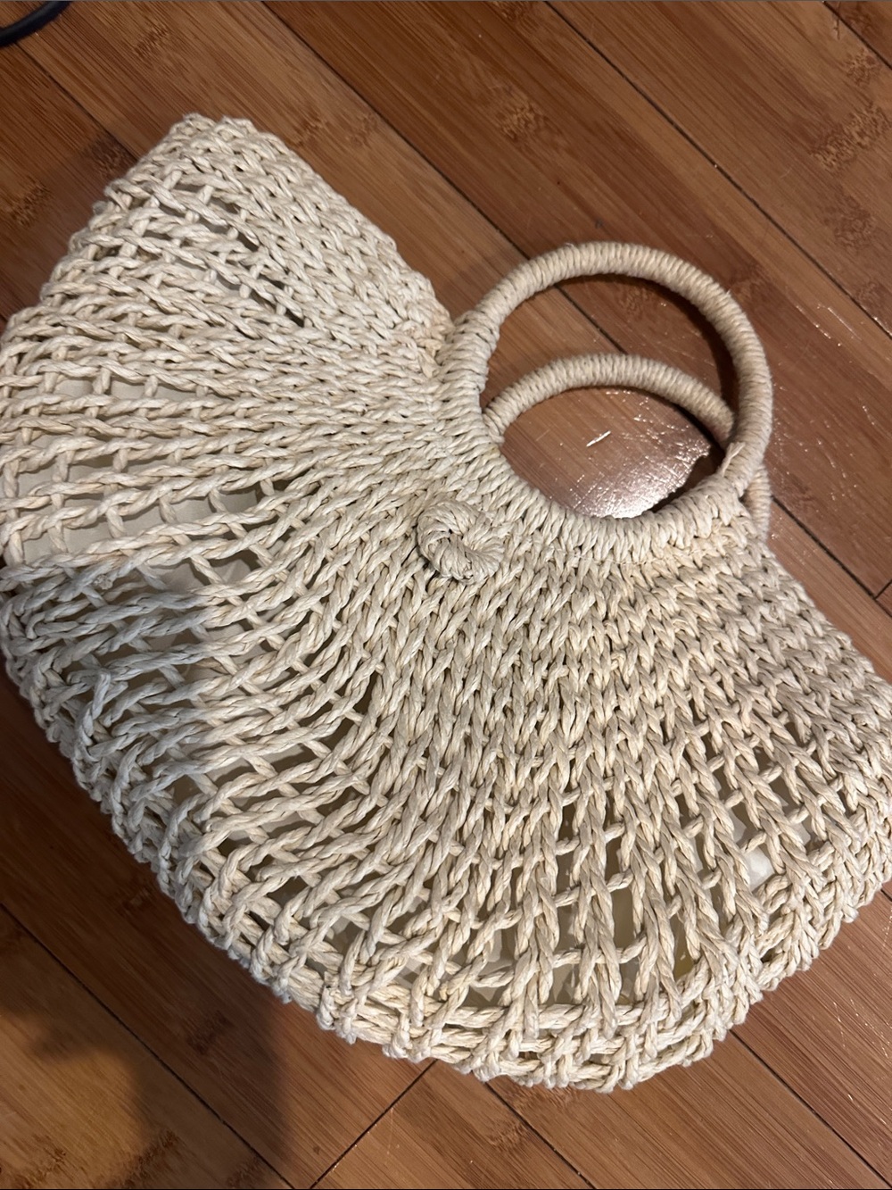 Woven Straw Circle-Handle Tote Bag in Cream